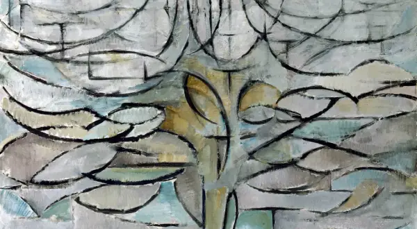 Un albero stilizzato in un'opera d'arte astratta, con linee curve e forme geometriche che evocano la natura.