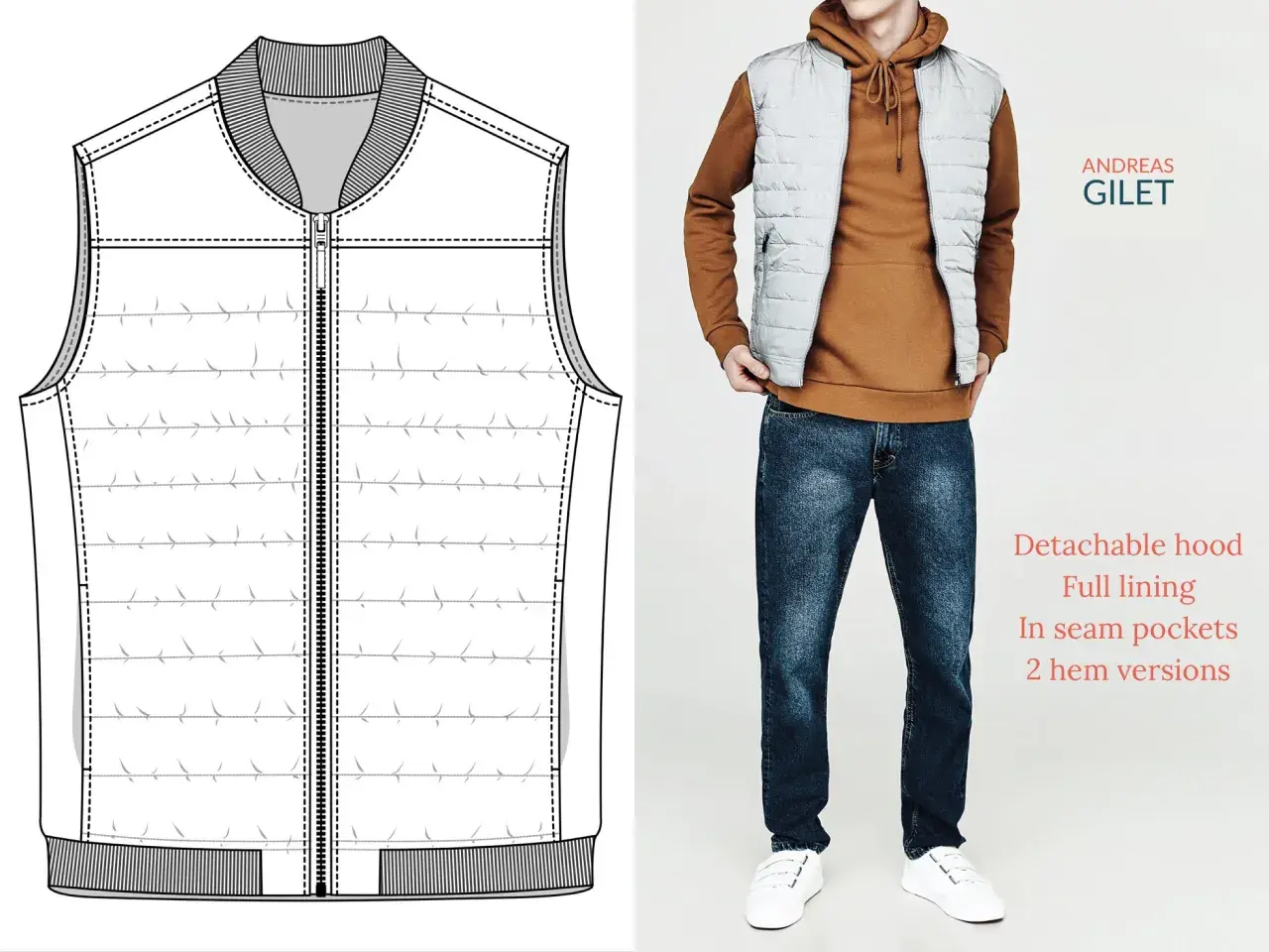Disegno tecnico e foto di un gilet uomo ai ferri, con dettagli su cappuccio staccabile e tasche. Schemi gratis disponibili per questo capo.