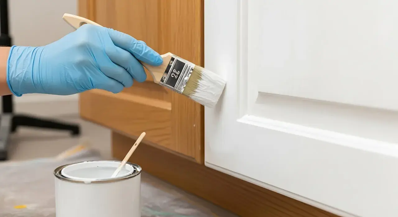 Mano con guanto blu dipinge una porta bianca con un pennello. Vicino, una lattina di vernice bianca. Impara come diluire la pittura per un risultato perfetto.