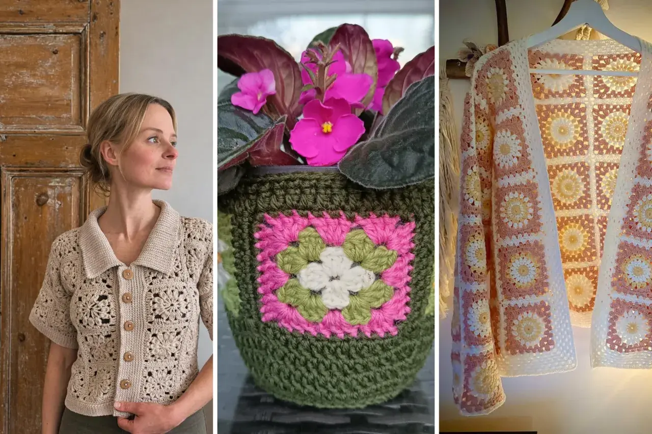 Un maglione beige all'unchetto, un vaso verde con fiori rosa e un cardigan rosa e bianco, tutti con motivi granny.
