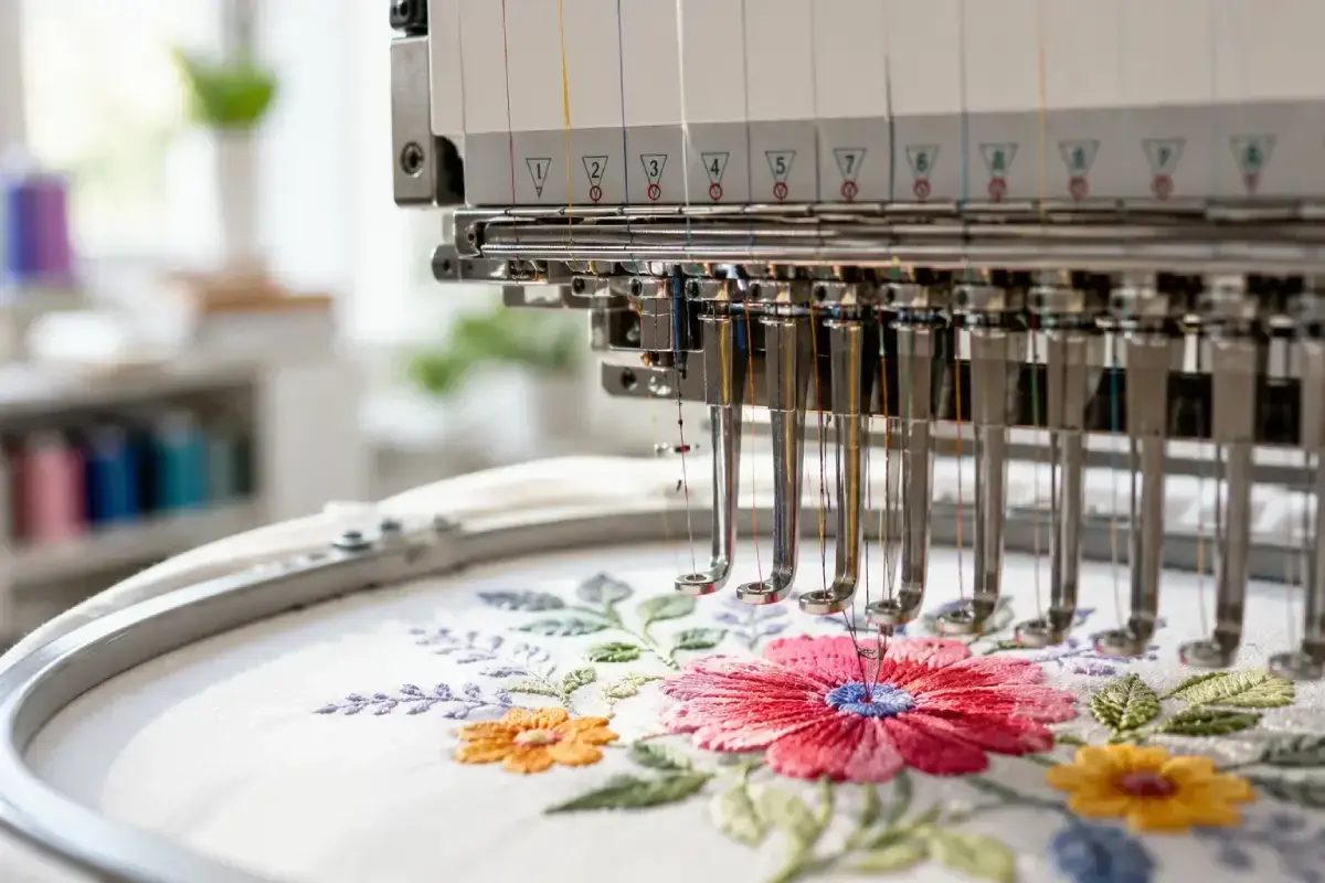 Macchina da ricamo crea un fiore vibrante su tessuto bianco, utilizzando fili colorati per un effetto di cotone pregiato.