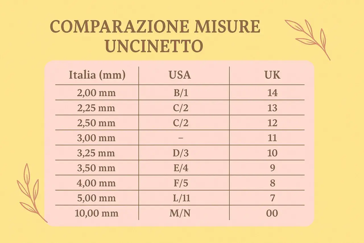Tabella comparativa misure uncinetto: Italia (mm), USA, UK. Utile per scegliere l'uncinetto giusto per il tuo golfino all'uncinetto.