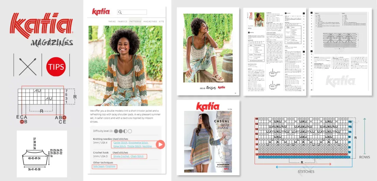 Katia magazine pages showing knitting patterns, yarn, and garment designs.