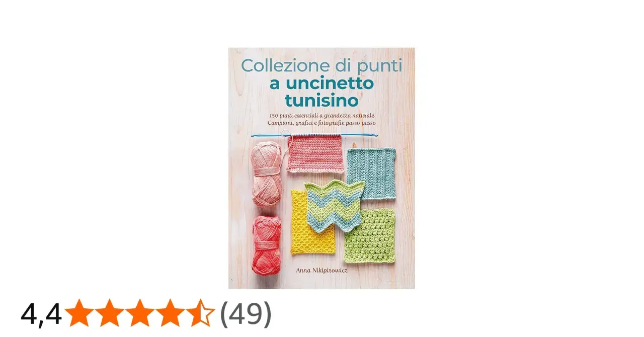 Copertina libro "Collezione di punti a uncinetto tunisino" con campioni colorati e gomitoli. Perfetto per chi ama i modelli tunisini.