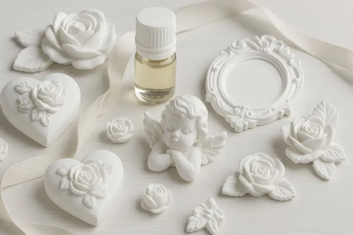 Gessetti per bomboniere: cuori, rose, angioletto e cornice in gesso bianco, con boccetta di profumo.