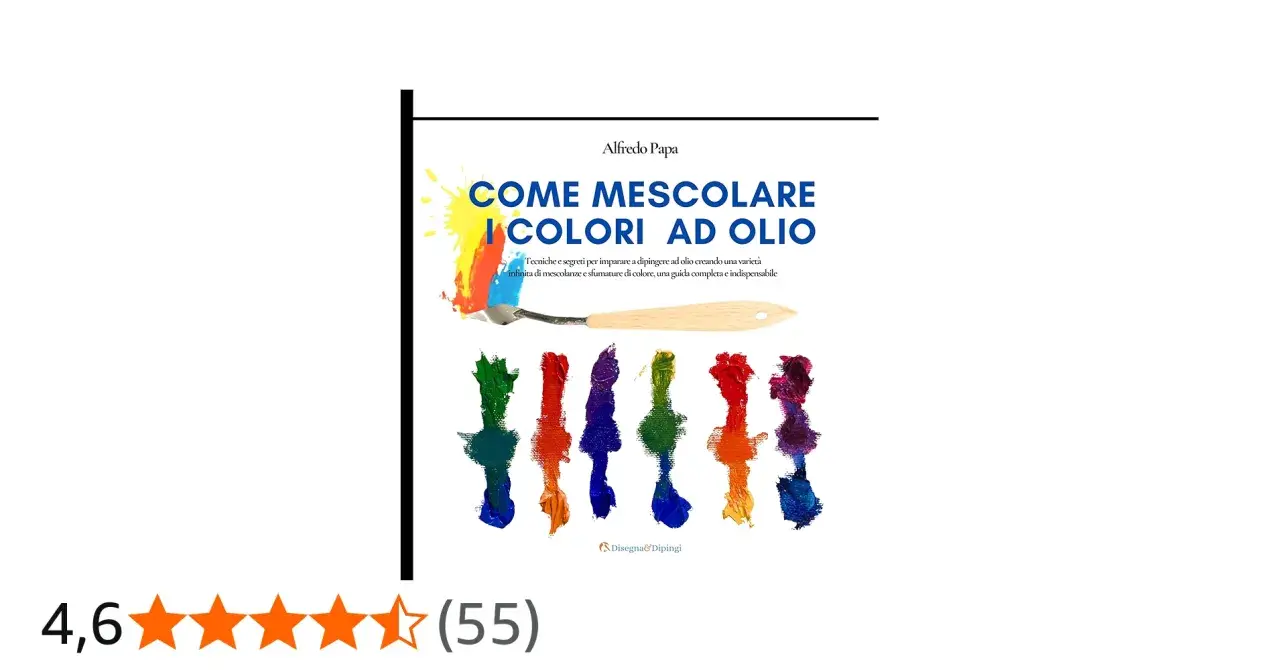 Copertina libro "Come mescolare i colori ad olio". Mostra spatola con colori vivaci e campioni di pittura ad olio, spiegando pastelli a olio come si usano.