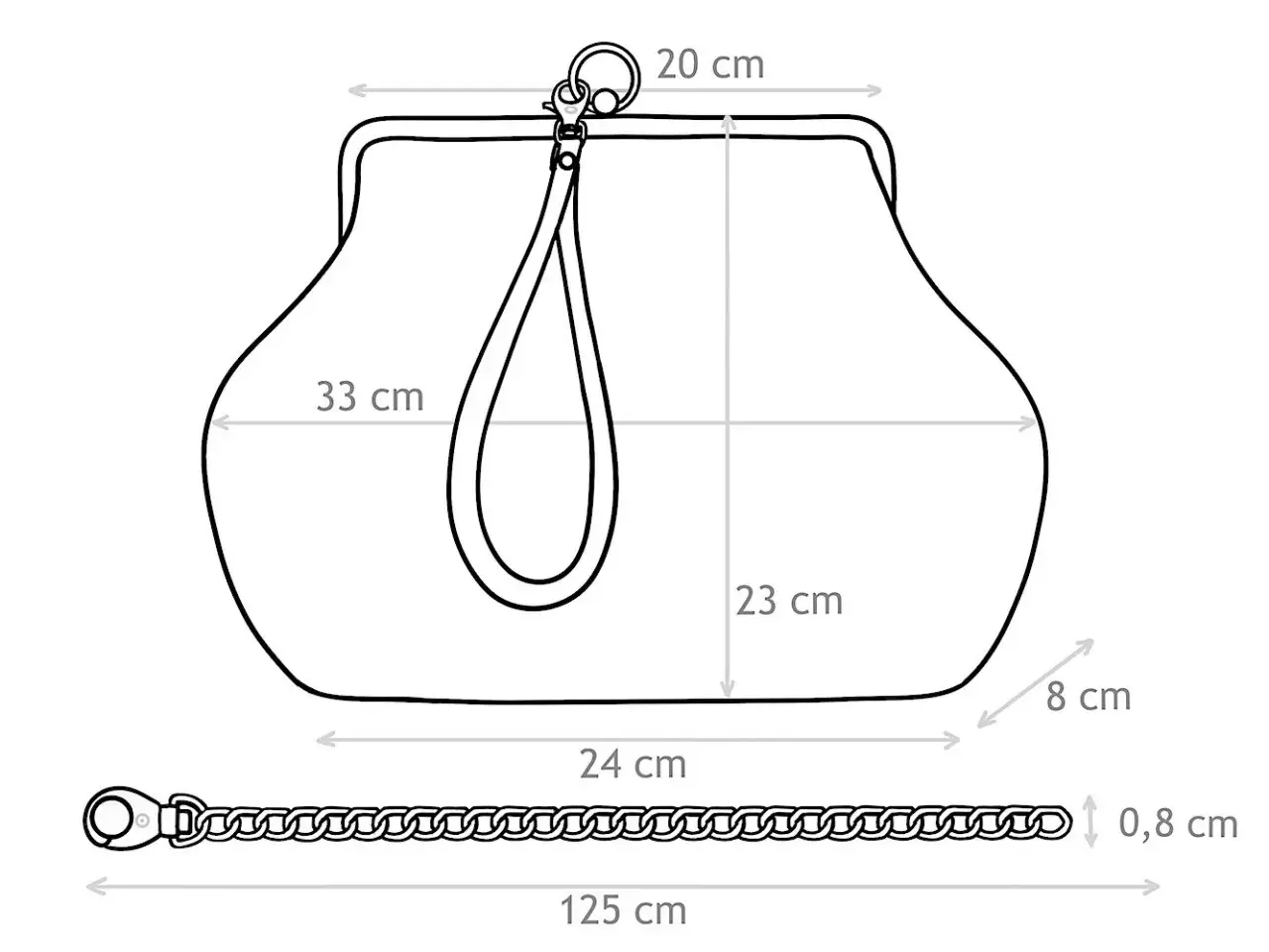 Cartamodello borsa pasticcino con misure: larghezza 20 cm, altezza 33 cm, profondità 8 cm. Include tracolla a catena lunga 125 cm.