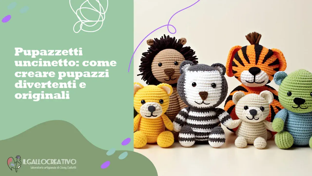 Un gruppo di adorabili pupazzi uncinetto, tra cui un leone, un tigre e orsetti colorati, pronti per creare un mondo di gioco.