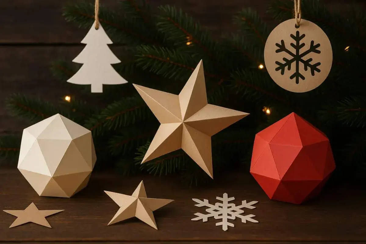 Decorazioni natalizie fai-da-te: una stella, un rombo e un fiocco di neve in carta crespa rossa e beige, appesi a un ramo d'abete.