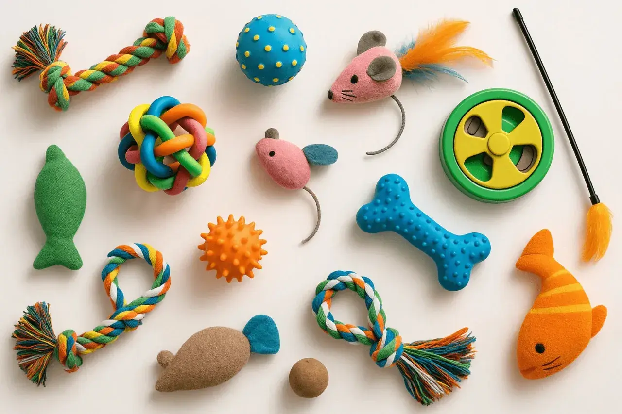 Giochi colorati per gatti: topi, ossa, palline e corde. Perfetti per imparare come fare i pon pon con creatività.