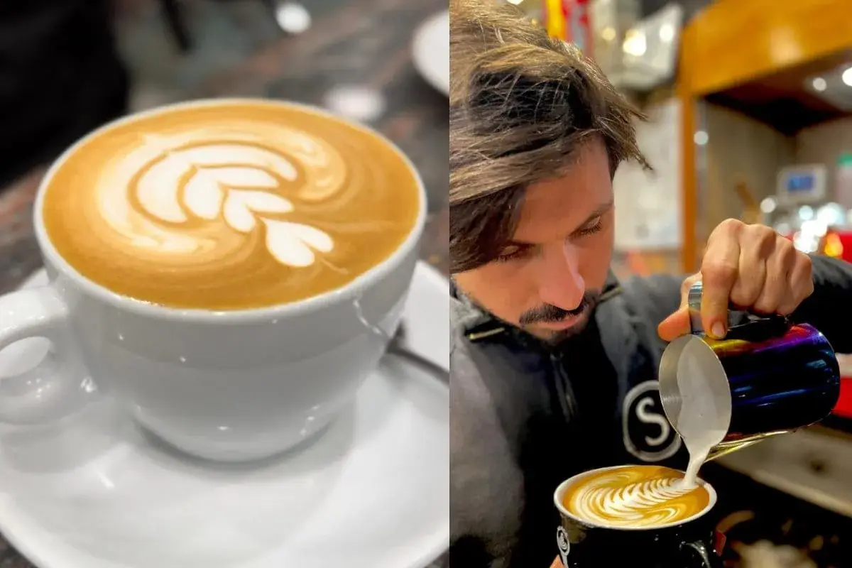 Un barista crea un nodo cappuccino con latte art, un'opera d'arte cremosa e deliziosa.