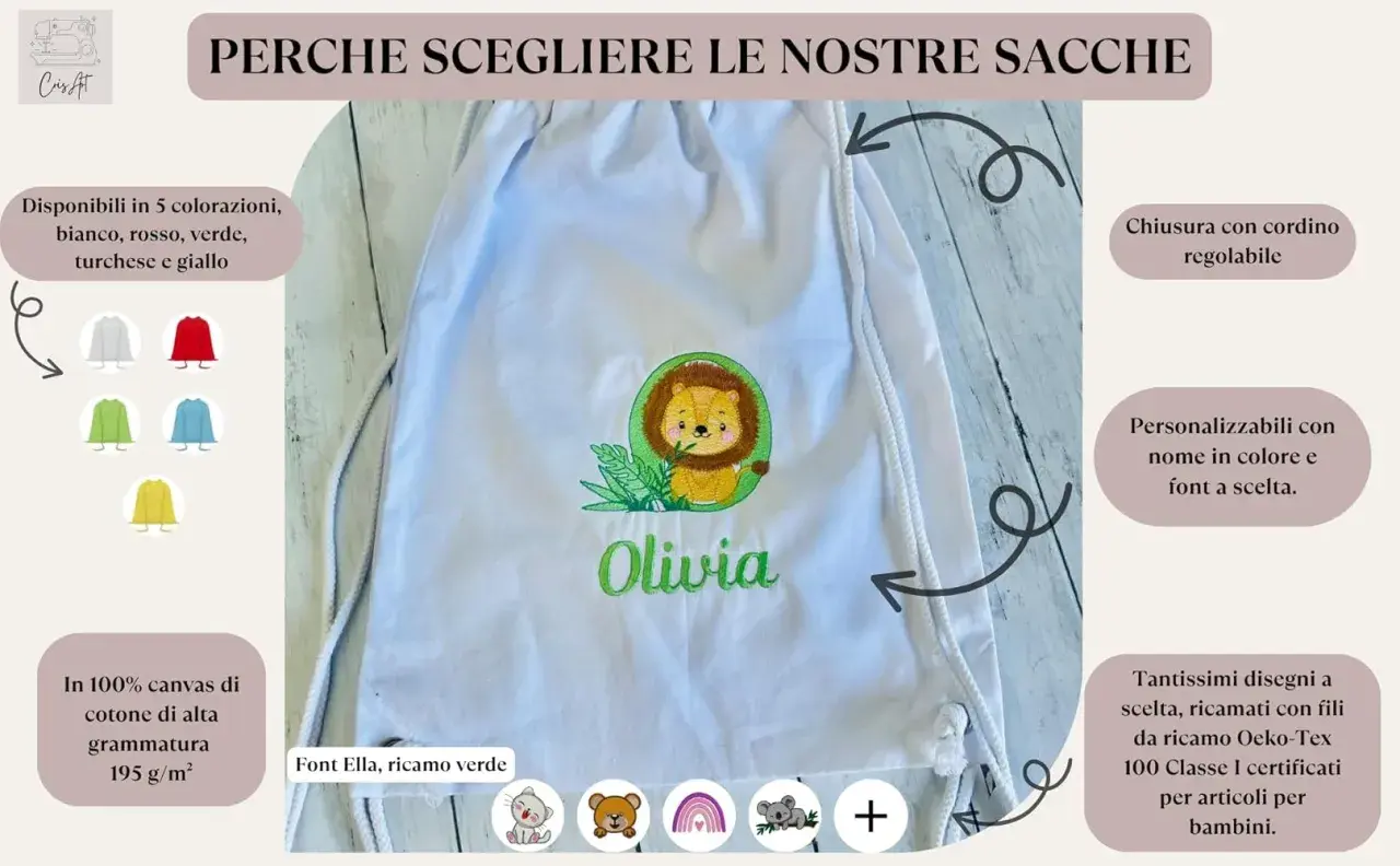Sacchetto asilo personalizzabile con ricamo leone e nome "Olivia". Misure adatte ai bambini, disponibile in vari colori e disegni.