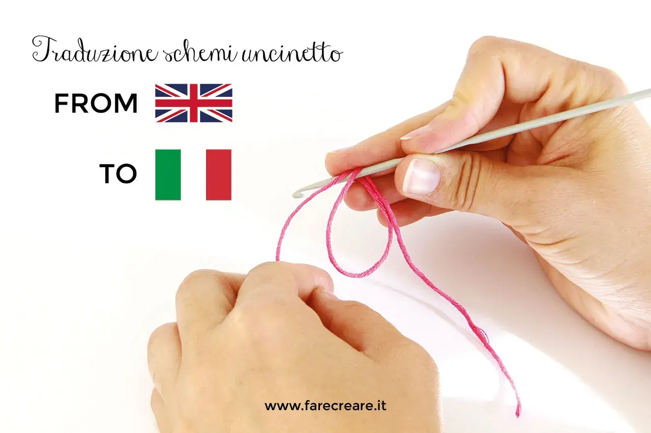 Traduzione schemi uncinetto: dall'inglese all'italiano. Mani che lavorano con un uncinetto e filo rosa.