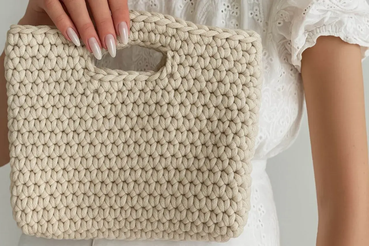 Borsa bauletto uncinetto color crema, tenuta da una mano con unghie curate. Perfetta per un look estivo.