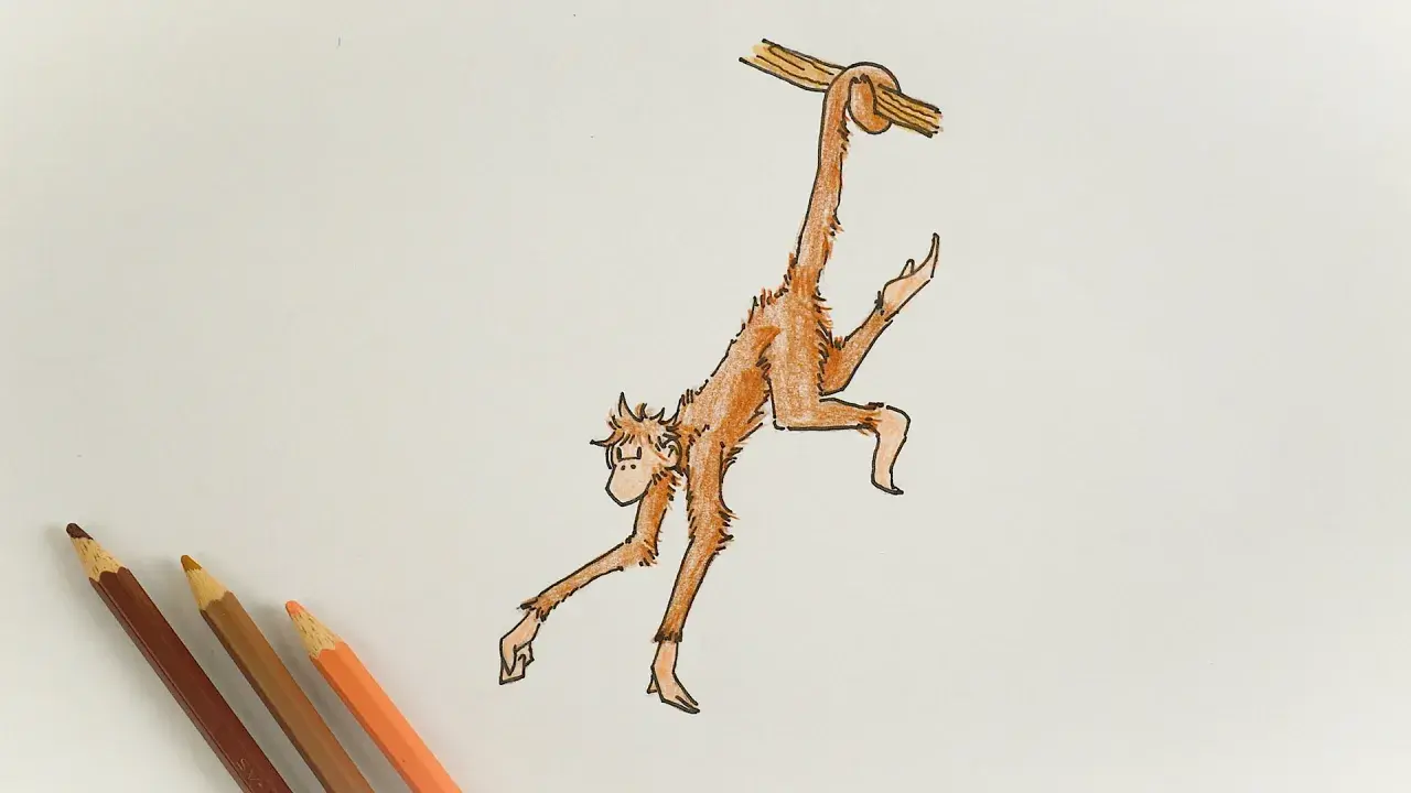 A simple drawing of a monkey hanging from a branch, with colored pencils in the corner.