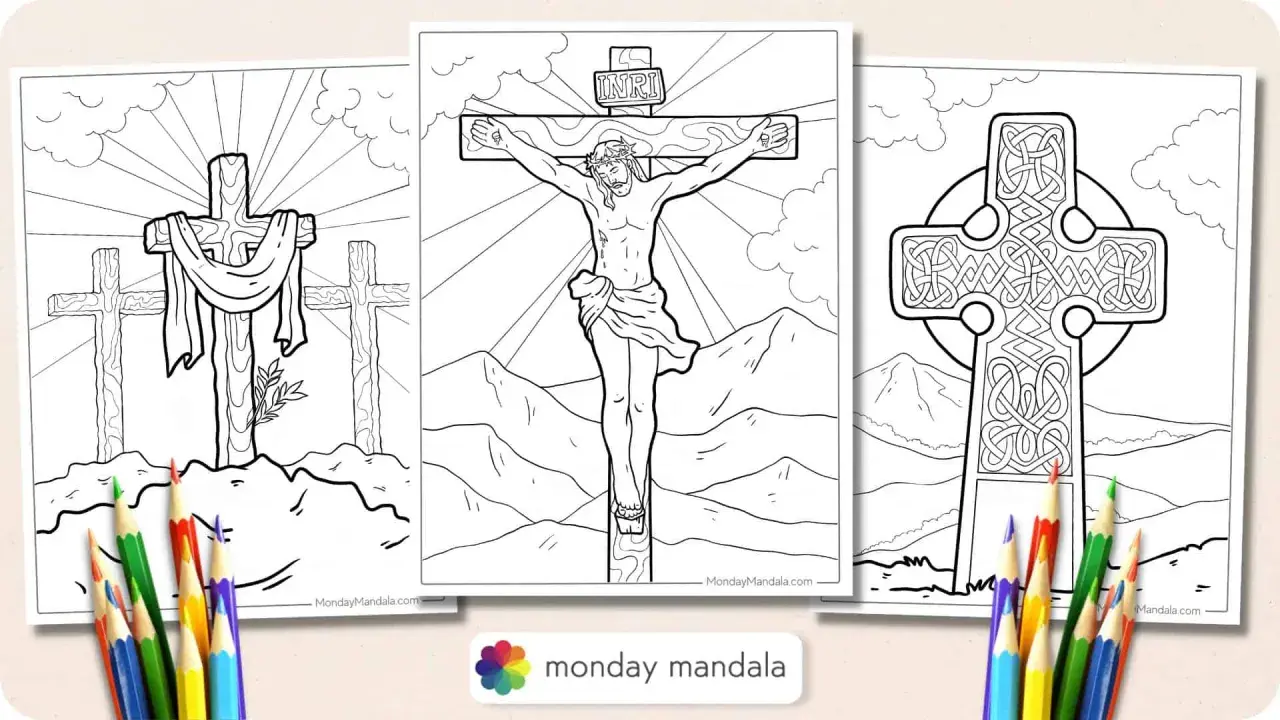 Disegno croce per bambini: tre pagine da colorare con croci, una con Gesù crocifisso, una con tre croci e una celtica.