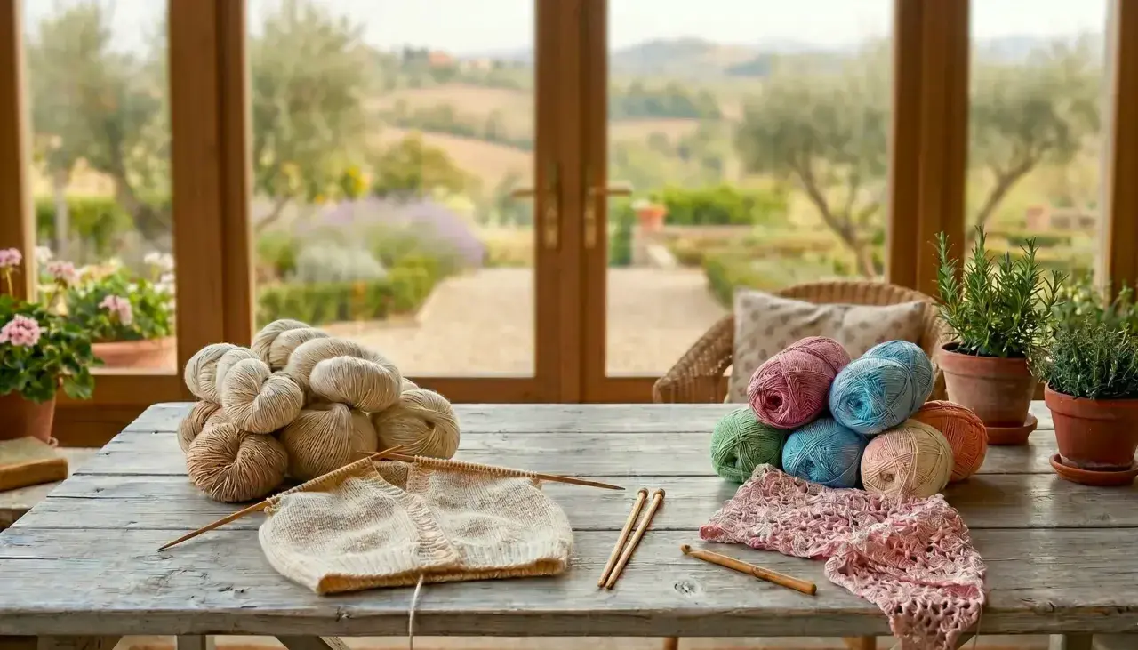 Schema maglia cotone donna ai ferri: gomitoli colorati e un lavoro a maglia su un tavolo di legno, con un giardino sullo sfondo.