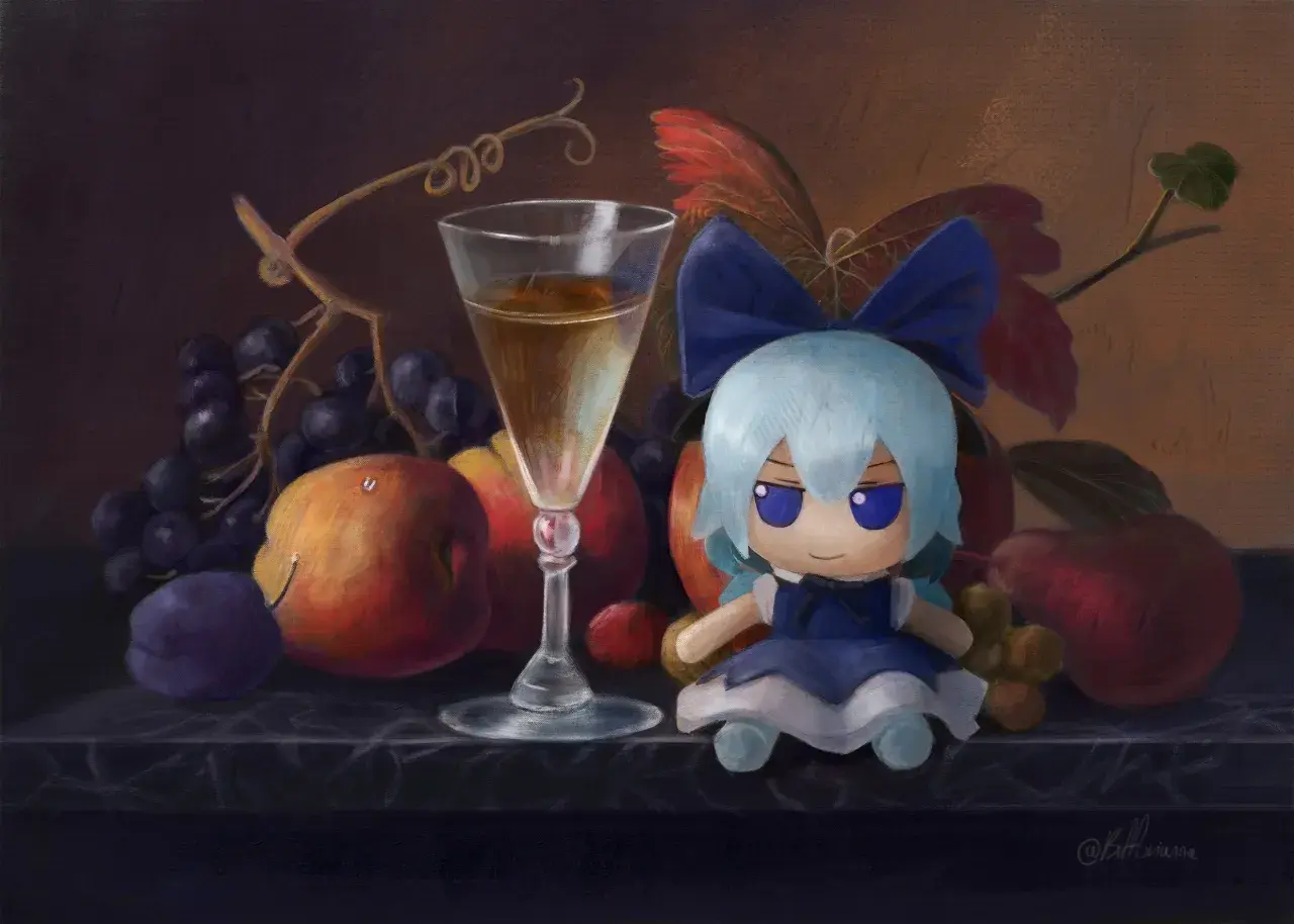 A still life painting of fruit, a glass of wine, and a plush toy with blue hair and a blue bow.