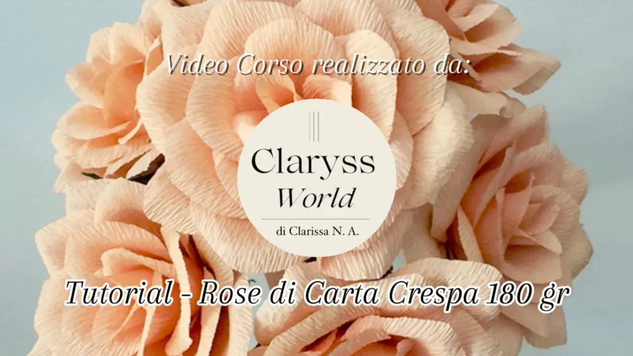 Un bouquet di rose 3d di carta crespa color pesca, con il titolo "Tutorial - Rose di Carta Crespa 180 gr".