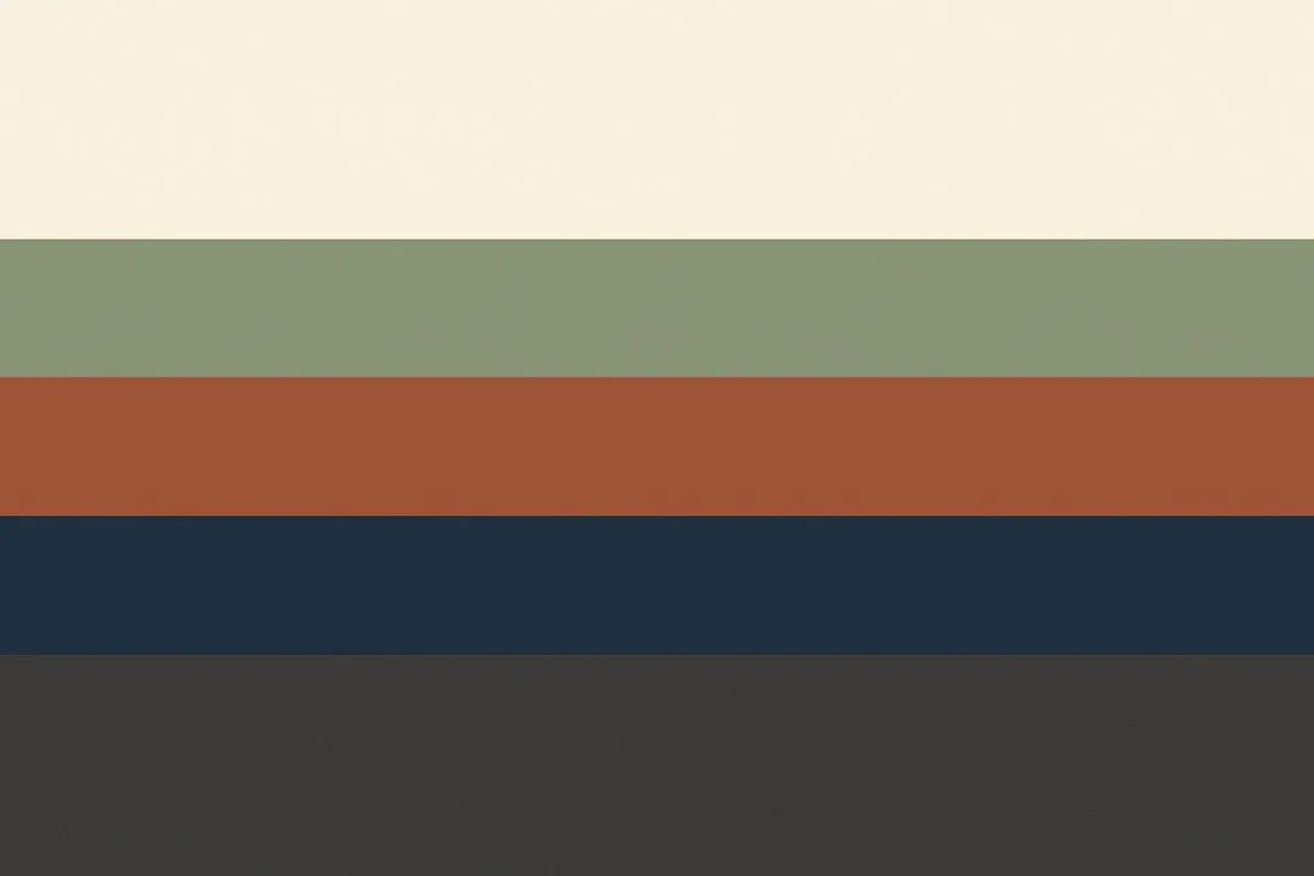 Cinque strisce orizzontali: bianco sporco, verde salvia, arancione antico, blu navy e grigio antracite.