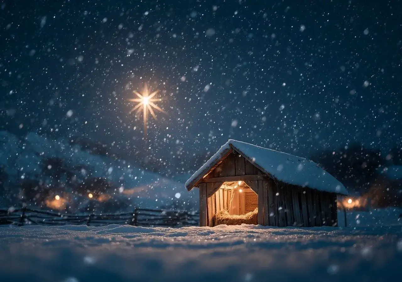 Capanna innevata illuminata, con la stella cometa che brilla nel cielo notturno. Un magico **effetto neve presepe**.