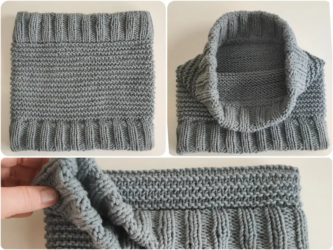 Dettagli di un scaldacollo uncinetto grigio, con coste e punto a maglia. Misure e texture visibili.