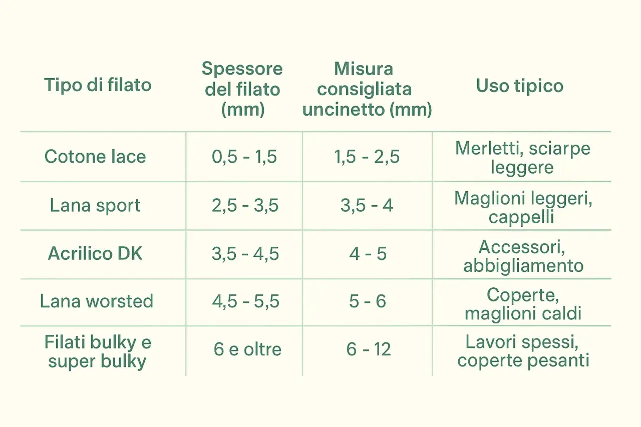 Tabella con tipi di filato, spessori e misure uncinetto consigliate per creare maglioni leggeri, cappelli e altri capi.