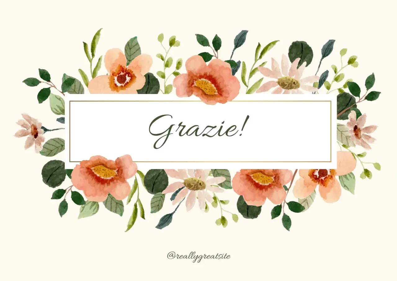 Un biglietto con fiori acquerellati e la scritta "Grazie!" al centro.