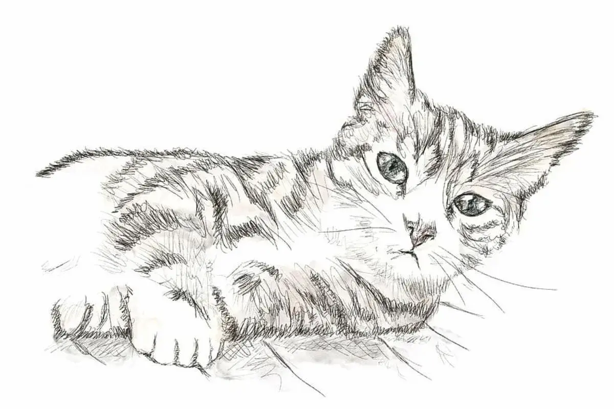 Un gatto disegno realistico facile, con striature grigie e occhi verdi penetranti, sdraiato con le zampe anteriori incrociate.