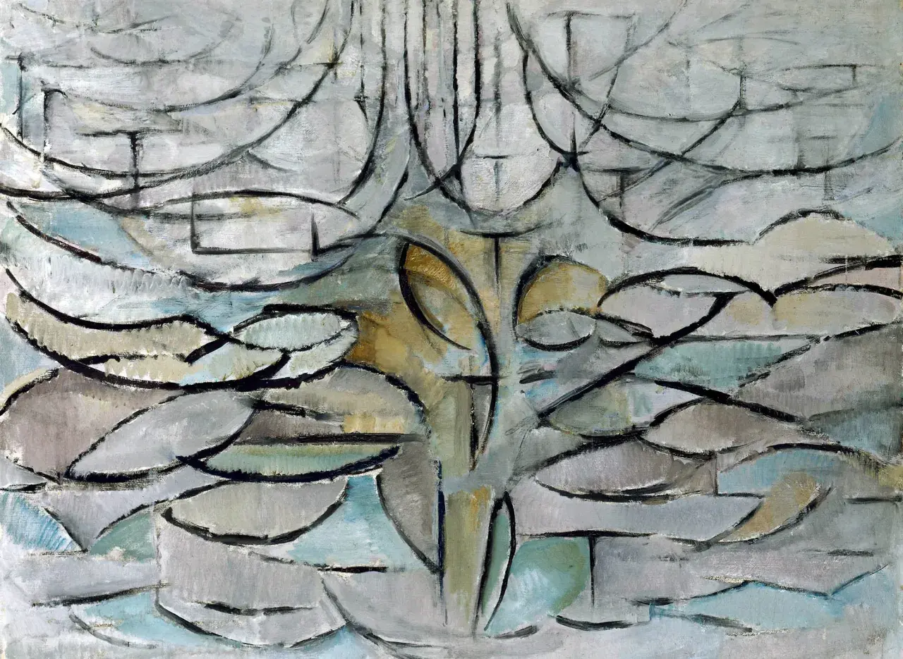 Un albero stilizzato in un'opera d'arte astratta, con linee curve e forme geometriche che evocano la natura.