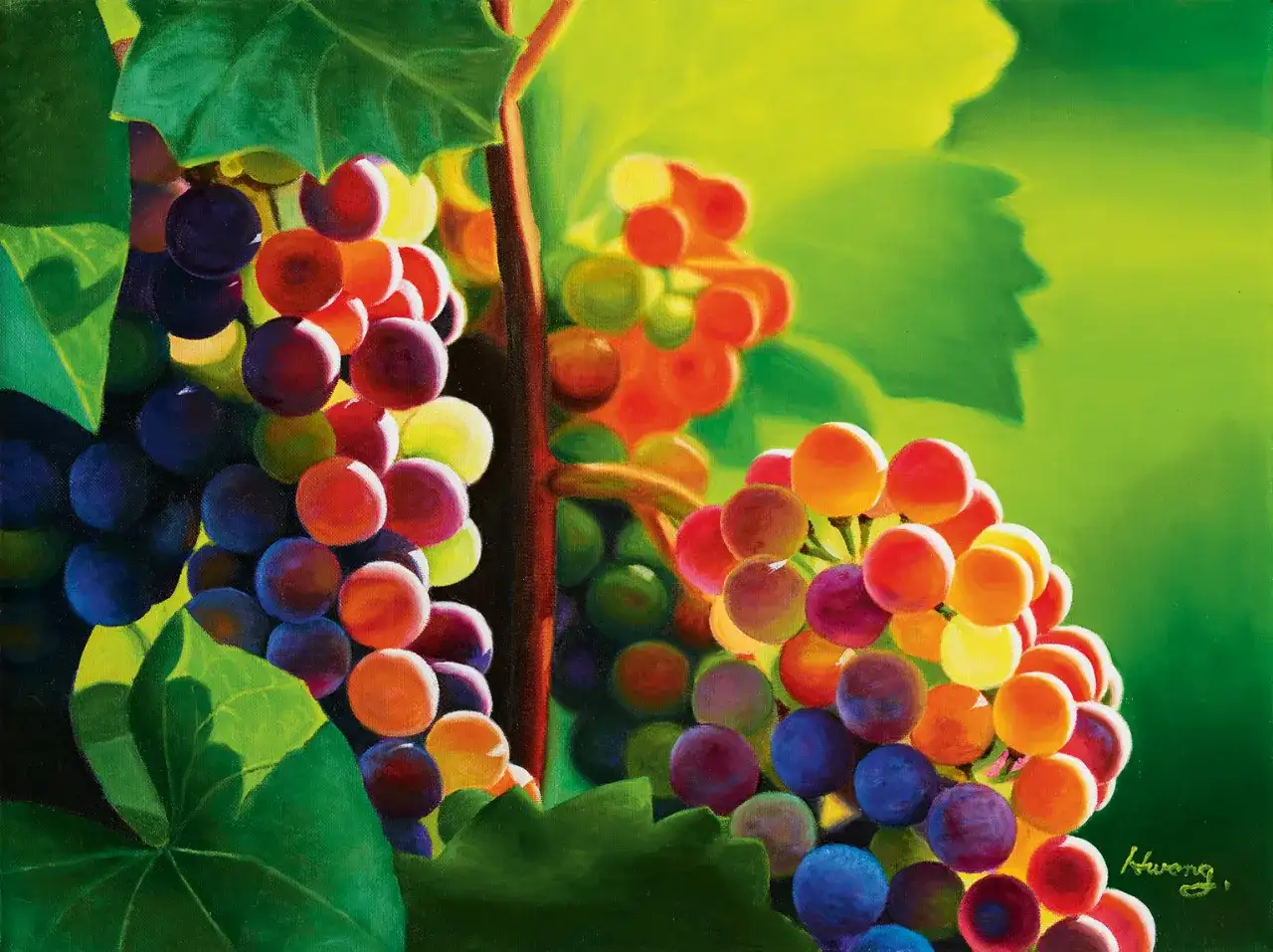 Grappoli d'uva dipinti con vivaci colori primari, che sembrano esplodere di luce e tonalità.