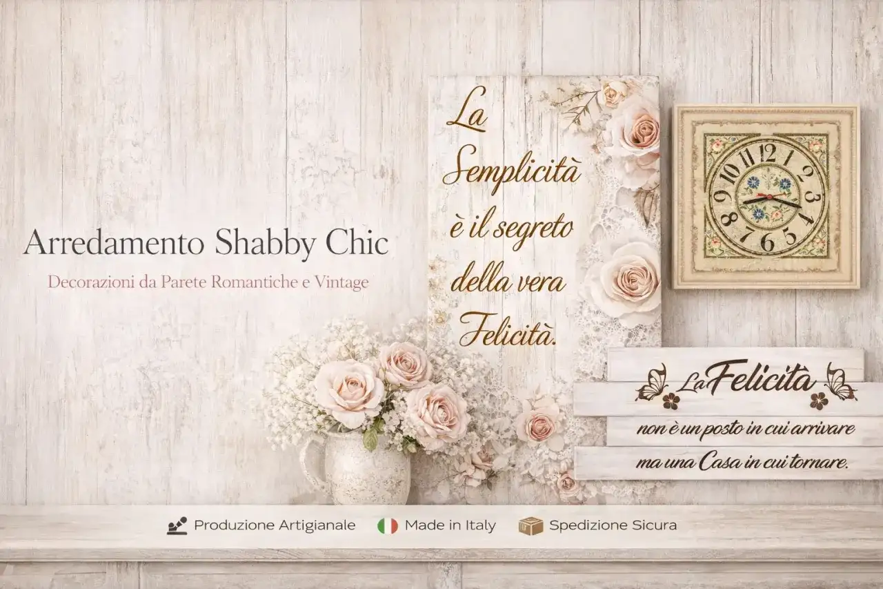 Arredamento Shabby Chic con scritte romantiche e floreali. Un orologio vintage e decorazioni da parete che evocano la felicità.