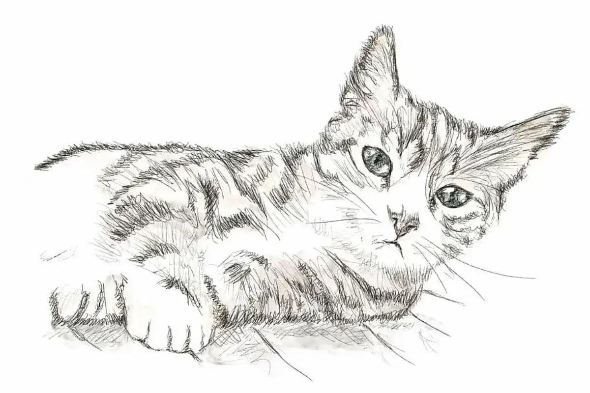 Un gatto disegno realistico facile, con striature grigie e occhi verdi penetranti, sdraiato con le zampe anteriori incrociate.