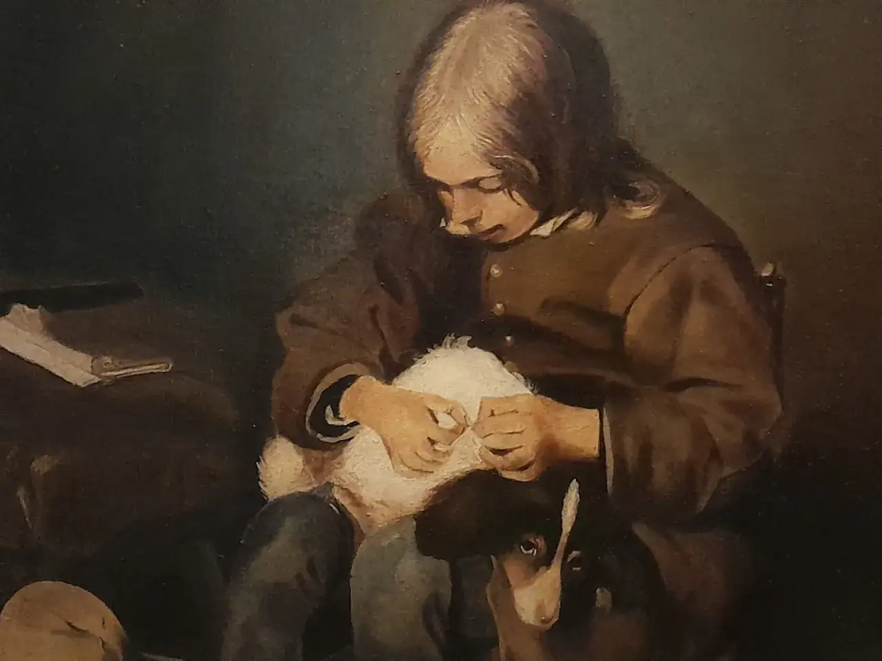 Un bambino con lunghi capelli lavora a maglia, con un cane fedele ai suoi piedi. Un'opera d'arte che ispira i dipinti ad olio da copiare.