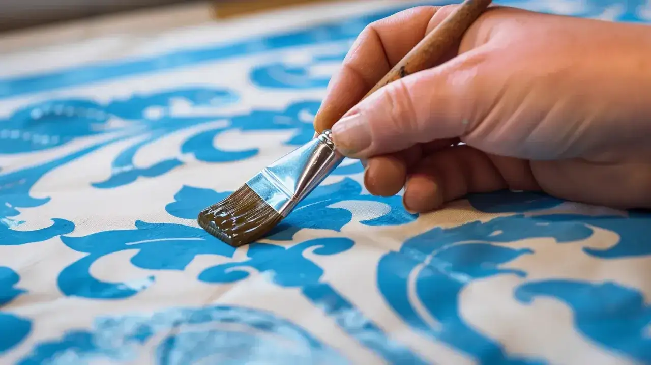 Mano che dipinge su stoffa con tempere normali, creando un motivo floreale blu su bianco.