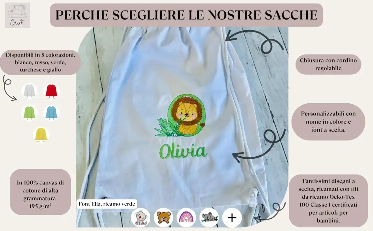 Sacchetto asilo personalizzabile con ricamo leone e nome 