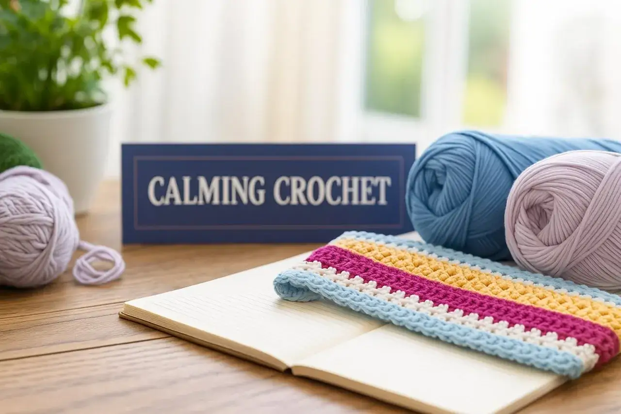 Uncinetto terapia: gomitoli colorati, un lavoro a maglia a righe e un quaderno aperto invitano alla creativit&agrave; rilassante.
