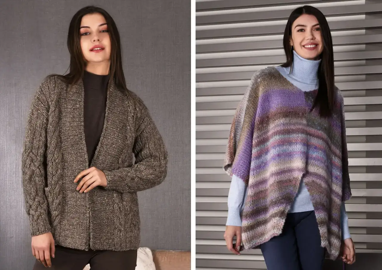 Due donne indossano eleganti top ai ferri: uno cardigan marrone lavorato a trecce e un poncho colorato a righe.