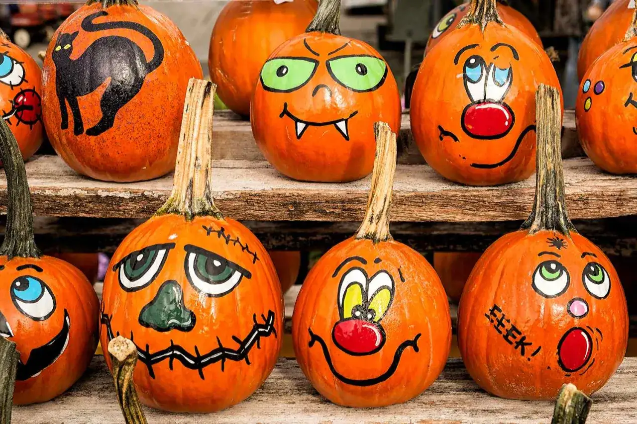 Zucca gatto Halloween con facce spaventose e buffe. Un gatto nero stilizzato su una zucca arancione, pronto per la festa.