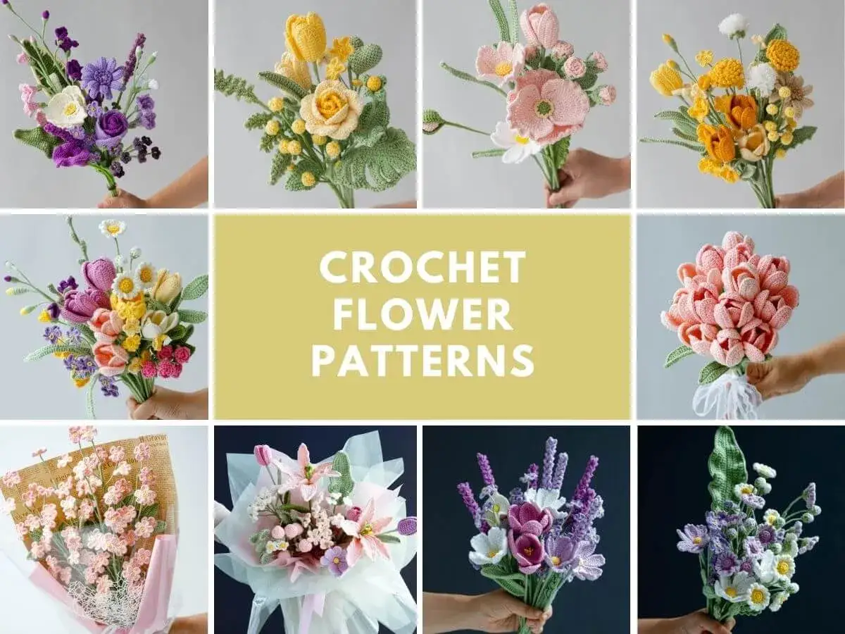 Mazzi di fiori uncinetto colorati e dettagliati, perfetti per decorare o regalare.
