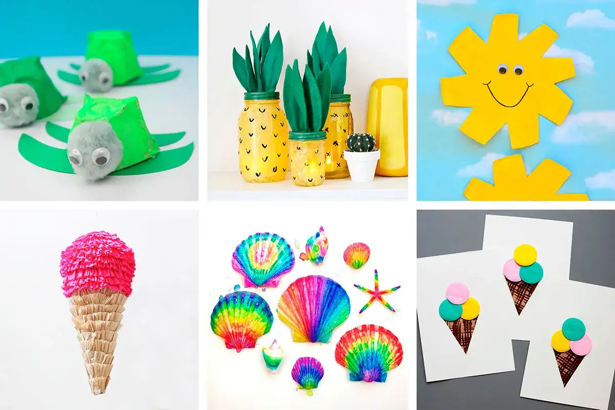 Idee creative per attivit&agrave; estive per bambini: tartarughe, ananas, sole, cono gelato e conchiglie colorate.