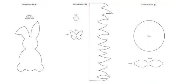 Sagoma coniglio alta 18 cm, con farfalla, fiore, cerchio e fiocco. Ideale per lavoretti creativi.