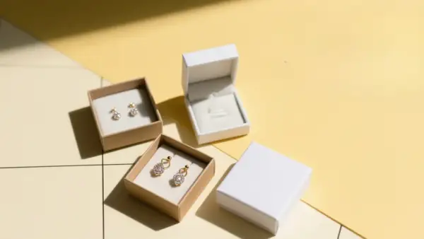 Orecchini scintillanti in scatole, un prezioso materiale che attende di essere indossato.