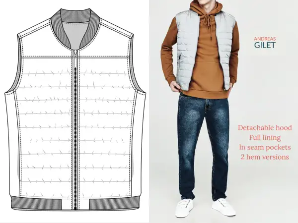 Disegno tecnico e foto di un gilet uomo ai ferri, con dettagli su cappuccio staccabile e tasche. Schemi gratis disponibili per questo capo.