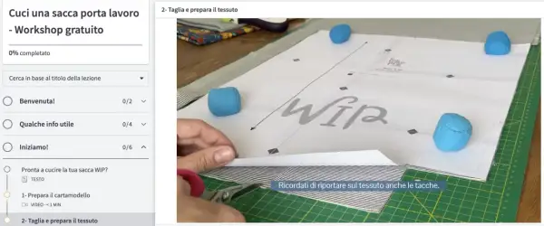 Taglio di diversi tipi di tessuto a righe e fantasia, con forbici e cartamodello per una sacca WIP.