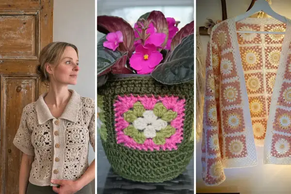 Un maglione beige all'unchetto, un vaso verde con fiori rosa e un cardigan rosa e bianco, tutti con motivi granny.