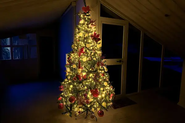 Albero di Natale addobbato con luci calde, palline rosse e dorate, e fiocchi. Un esempio di come mettere le luci sull'albero di natale per creare un'atmosfera magica.