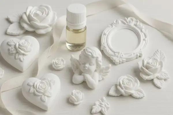 Gessetti per bomboniere: cuori, rose, angioletto e cornice in gesso bianco, con boccetta di profumo.