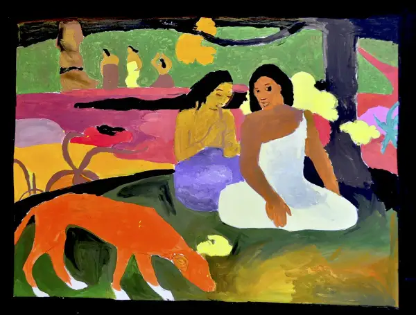 Due donne sedute in un giardino lussureggiante, con un cane arancione che annusa a terra. Un'opera che sembra ispirata a dipinti ad olio da copiare, con colori vivaci e uno stile primitivo.