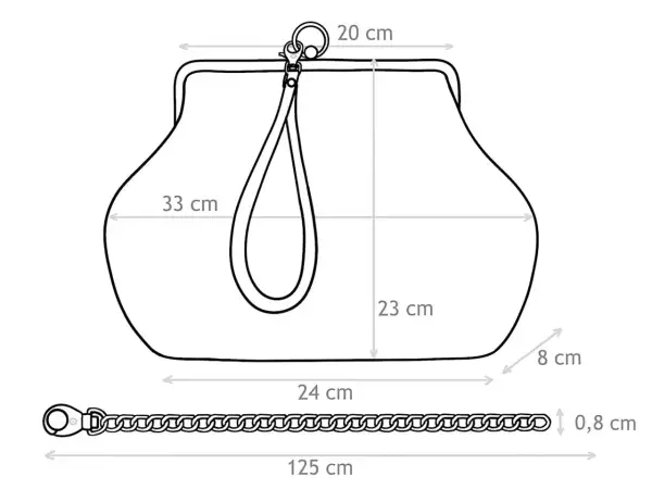 Cartamodello borsa pasticcino con misure: larghezza 20 cm, altezza 33 cm, profondità 8 cm. Include tracolla a catena lunga 125 cm.